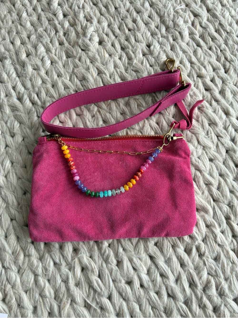 Stefka Fuchsia Suede Mini Crossbody with Rainbow Bead charm